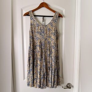 Patrons of Peace Floral Sundress Blue & Yellow Sleeveless Rayon Dress Size Small